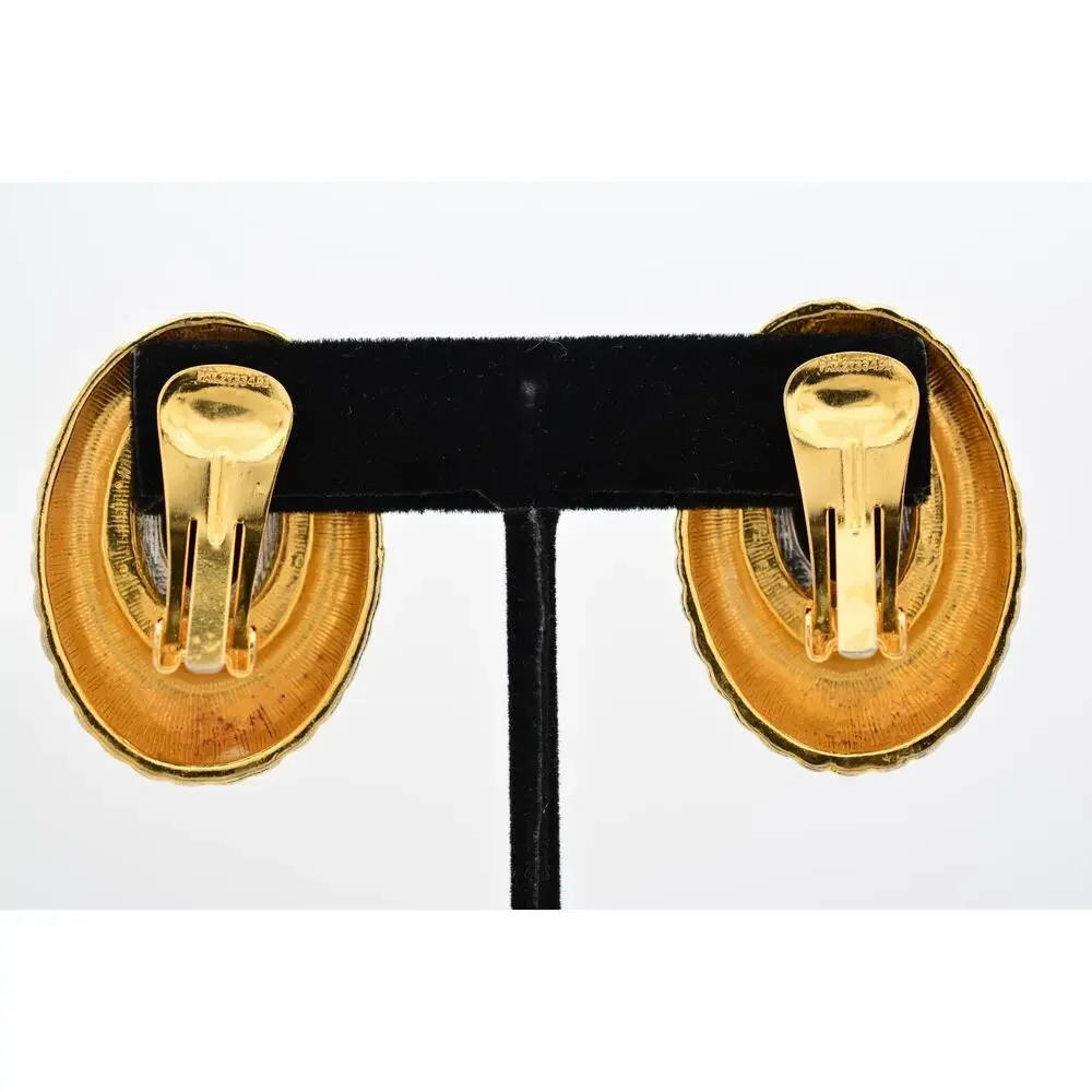 Vintage Black Cabochon Clip On Earrings Rhinestone Crystal Gold Chunky 80s BinAF